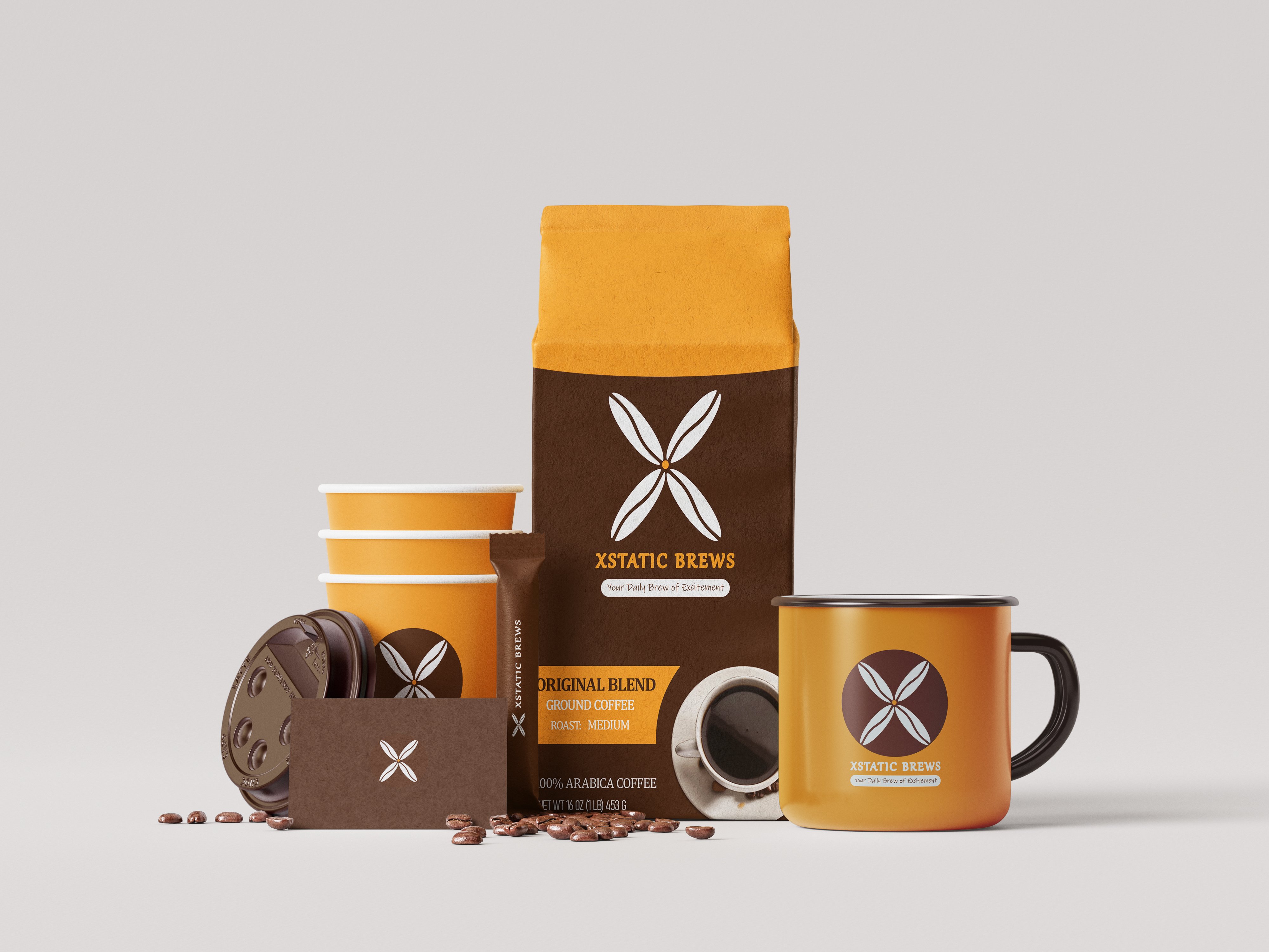  Xstatic Brew brown and yellow packaging showing the premium coffee experience.