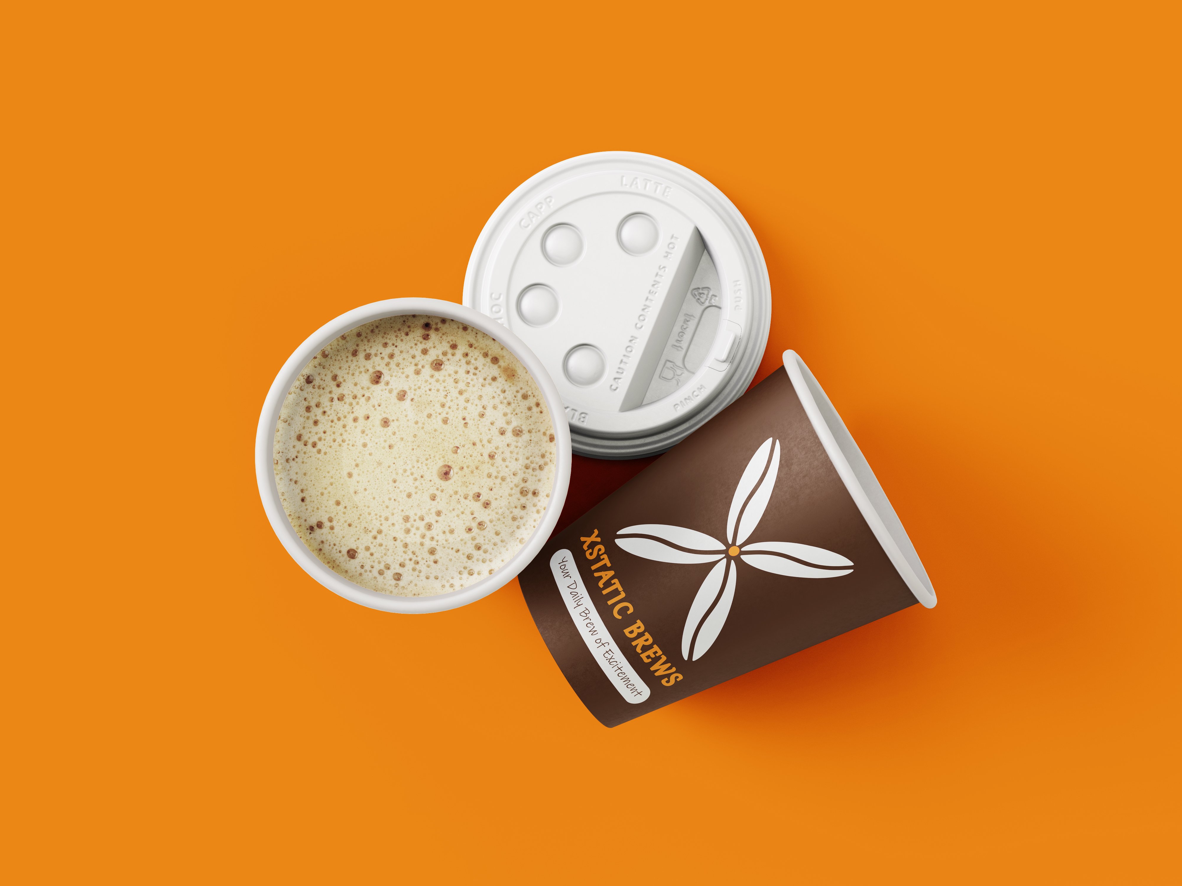 Enjoy the premium coffee experience with Xstatic Brew in a Brown Cup with orange background