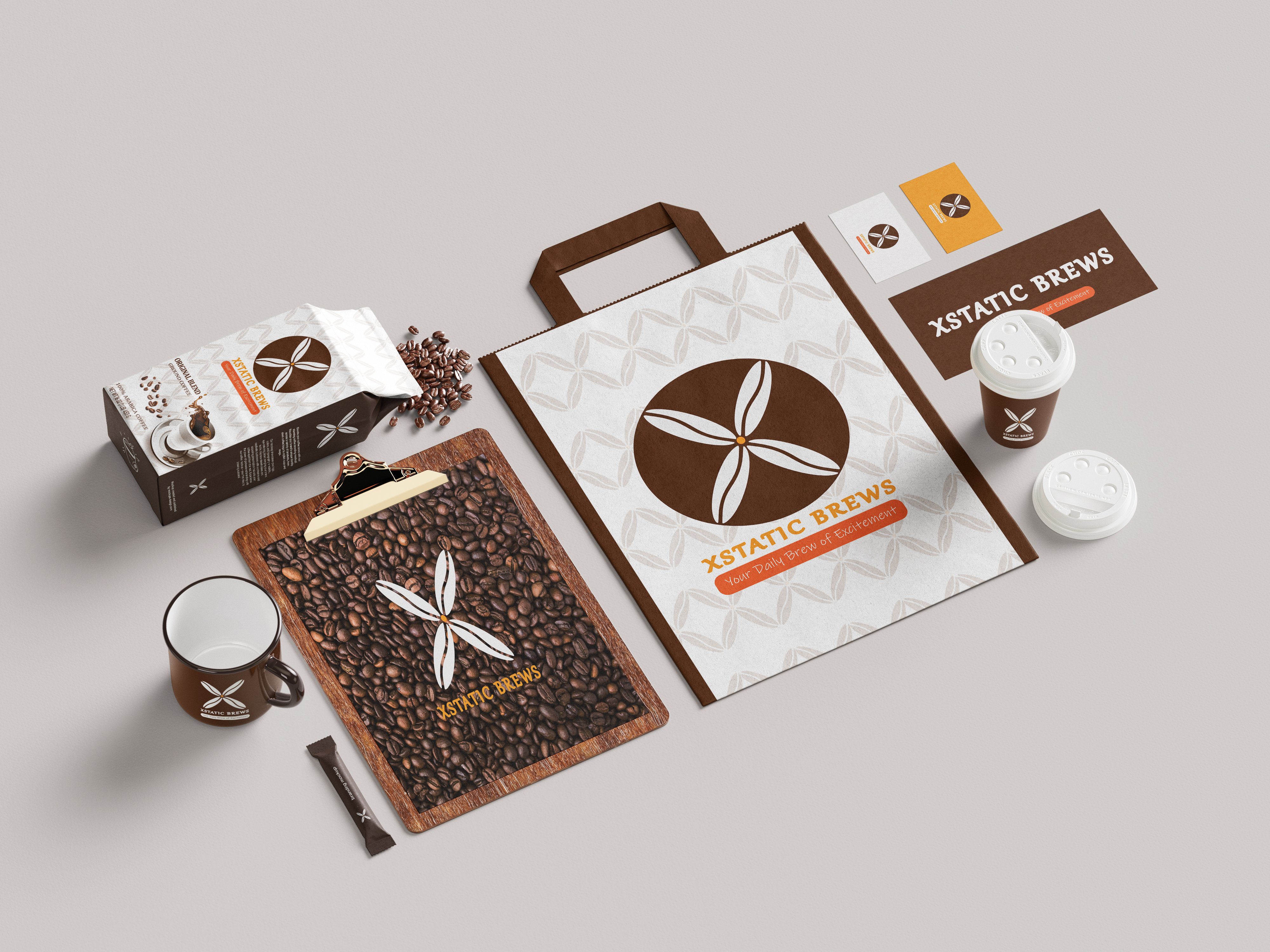 Xstatic Brews premium coffee experience branding mockup featuring elegant packaging, custom coffee cups, beans, and marketing materials designed to reflect modern luxury and artisan quality